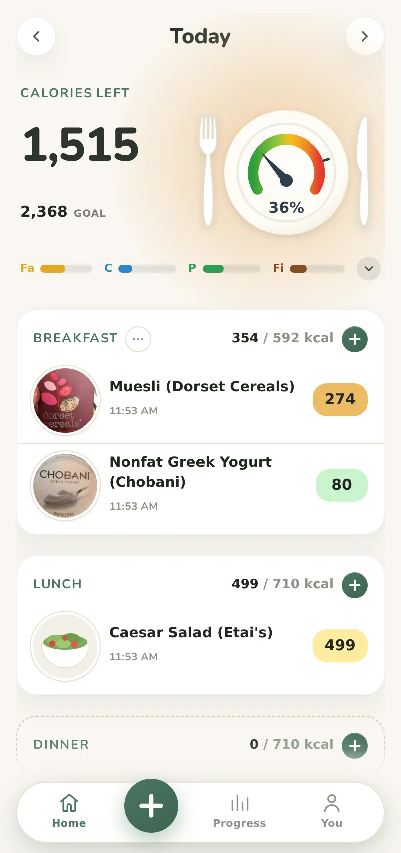 Measur's Today screen: calorie gauge, macro meters and logged meals
